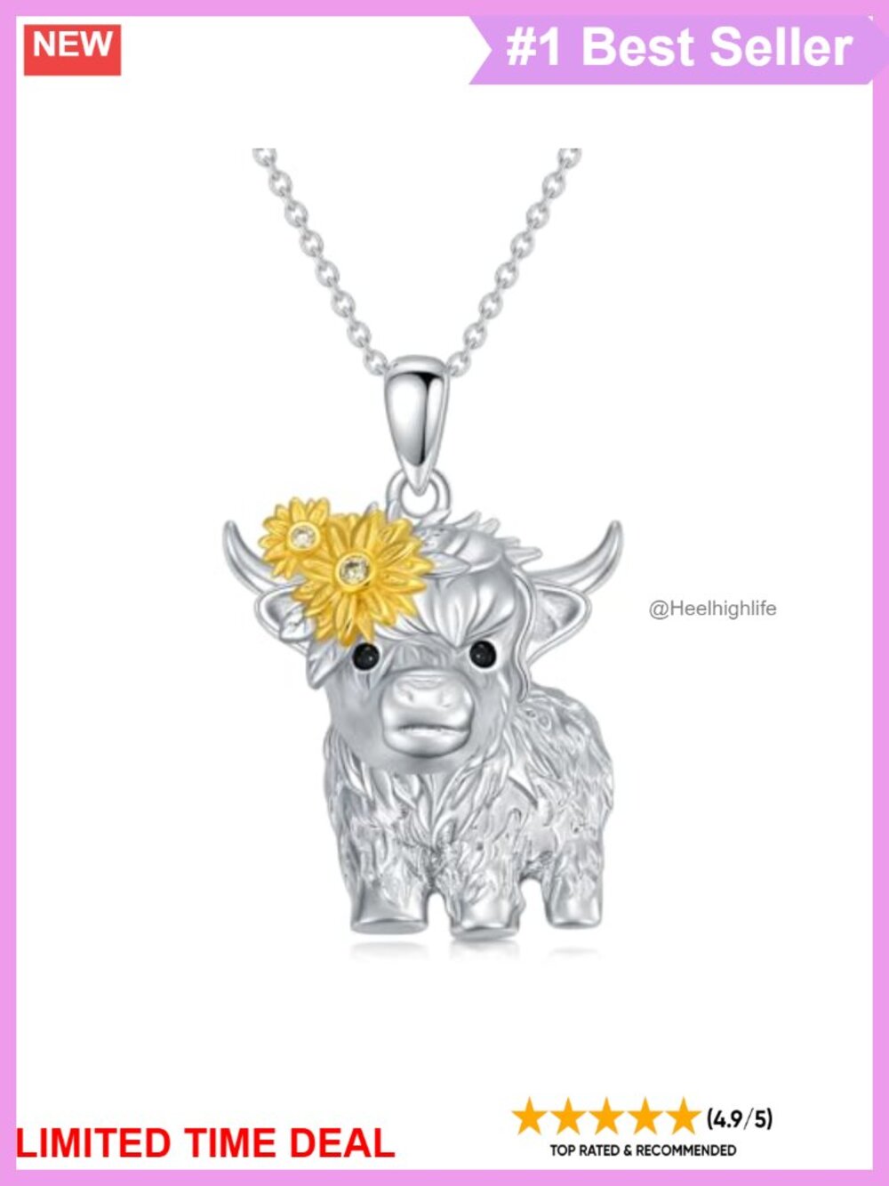 Sterling Silver Highland Cow Pendant Necklace Citrine Sunflower Adjustable
